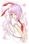  animal_ears blouse bunny_ears hair_between_eyes hands_clasped hands_together long_hair necktie one_eye_closed own_hands_together pouty_lips purple_hair red_eyes reisen_udongein_inaba shirousagi_uyu short_sleeves solo touhou upper_body white_blouse 