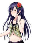  bare_shoulders blue_hair blush breasts brown_eyes cleavage flower hair_flower hair_ornament highres long_hair love_live! love_live!_school_idol_project midriff navel open_mouth small_breasts solo sonoda_umi suzushiro_yukari 