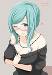  azami_miwako blue_eyes breasts cleavage glasses green_hair kichihachi large_breasts long_hair shirt_pull solo tokyo_7th_sisters twitter_username 