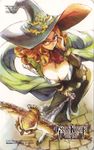  1girl big_hat bird breasts cleavage curly_hair erect_nipples george_kamitani glasses grand_knights_history hat large_breasts long_hair muse_cromwell official_art orange_hair owl pantyhose purple_eyes ring shawl simple_background vanillaware witch witch_hat 