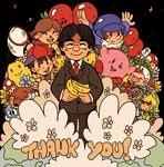  balloon balloon_fight banana black_hair blonde_hair butterfly_net commentary controller doubutsu_no_mori earth english flower food formal fruit game_controller gen_1_pokemon glasses globe hand_net hat iwata_satoru kirby kirby_(series) link lololo_(kirby) mother_(game) mother_2 multiple_boys mushroom necktie ness nintendo olimar pikachu pikmin_(creature) pikmin_(series) pokemon pokemon_(creature) power-up sky smile star_(sky) suit super_smash_bros. thank_you the_legend_of_zelda the_legend_of_zelda:_the_wind_waker toon_link villager_(doubutsu_no_mori) wii_remote 