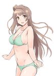  :d bangs bare_shoulders bikini brown_hair clenched_hands cowboy_shot green_bikini jpeg_artifacts kichiroku long_hair looking_at_viewer love_live! love_live!_school_idol_project midriff minami_kotori navel one_side_up open_mouth simple_background sketch smile solo swimsuit white_background yellow_eyes 