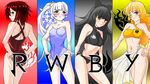  4girls black_hair blake_belladonna blonde_hair blue_eyes logo long_hair multiple_girls one-piece_swimsuit purple_eyes red_hair ruby_rose rwby short_hair silver_eyes smirk swimsuit weiss_schnee white_hair yang_xiao_long yellow_eyes 