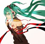  aqua_eyes aqua_hair bare_shoulders black_gloves bridal_gauntlets elbow_gloves finger_to_mouth from_side gloves hatsune_miku headphones long_hair looking_at_viewer ribbon shushing simple_background skullcandy so-bin solo tattoo twintails upper_body very_long_hair vocaloid white_background 