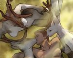  anthro antlers breasts cervine eyes_closed female group hattonslayden horn human human_on_anthro interspecies kissing lying male male/female mammal nipples nude outside reindeer 