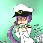  admiral_(kantai_collection) admiral_(kantai_collection)_(cosplay) ahoge akebono_(kantai_collection) bell blank_eyes commentary cosplay english flower hair_bell hair_flower hair_ornament hat irony jingle_bell kantai_collection kongou_(kantai_collection) long_hair military military_uniform multiple_girls open_mouth ponytail profanity purple_hair rukotaro shitty_admiral_(phrase) side_ponytail uniform 