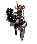  full_body hair_bobbles hair_ornament holding holding_weapon meranie onozuka_komachi open_mouth pink_eyes puffy_short_sleeves puffy_sleeves red_hair scythe short_hair short_sleeves simple_background solo touhou two_side_up weapon white_background 