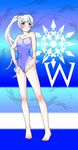  1girl blue_eyes blush embarrassed hips logo long_hair one-piece_swimsuit rwby side_ponytail solo weiss_schnee white_hair 