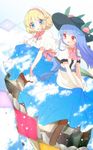  adapted_costume alice_margatroid aoi_(annbi) blue_eyes blue_hair blue_sky bow capelet cloud floating_rock hairband hat hinanawi_tenshi lolita_hairband multiple_girls open_mouth pink_eyes puffy_short_sleeves puffy_sleeves sash shirt short_sleeves sitting_on_rock skirt sky smile touhou 