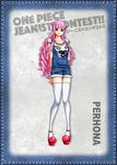  1girl denim denim_overalls high_heels one_piece perona pink_hair thighhighs 