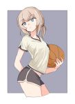  1girl aaru_(kerogero1582) alternate_hairstyle arm_behind_back ball basketball black_shorts blue_eyes closed_mouth commentary contrapposto cropped_legs emblem eyebrows_visible_through_hair from_side girls_und_panzer grey_background gym_shirt gym_shorts gym_uniform hair_tie hair_up head_tilt highres holding holding_ball itsumi_erika light_frown looking_at_viewer medium_hair navel outline outside_border print_shirt reference_work shirt short_ponytail short_shorts short_sleeves shorts silver_hair single_vertical_stripe solo standing sweat v-neck white_outline white_shirt 