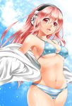  bikini blue_sky breasts cameltoe cleavage cloud day headphones highres large_breasts long_hair looking_at_viewer navel nitroplus nora_wanko open_mouth pink_hair red_eyes shiny shiny_skin skindentation sky smile solo star star_print striped striped_bikini super_sonico swimsuit underboob 