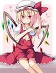  ascot blonde_hair bow dress eating flandre_scarlet food food_on_face hat hat_bow mob_cap ominaeshi_(takenoko) puffy_short_sleeves puffy_sleeves red_dress red_eyes shirt short_sleeves side_ponytail solo touhou wings 