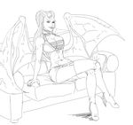  abs arleena_(character) big_breasts breasts claws clothed clothing corset demon demonic female high_heels horn humanoid legwear looking_at_viewer monochrome shorts simple_background sitting solo stockings succubus white_background wings 