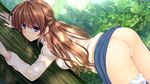  1girl against_tree asami_asami ass back backboob blue_eyes blush breasts brown_hair censored female forest game_cg hayase_chitose_(pretty_x_cation) highres large_breasts long_hair long_sleeves looking_back mosaic_censoring nature panties panties_around_leg pretty_x_cation_2 pussy skirt skirt_lift solo standing sweater tree underwear white_panties 