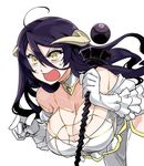  ahoge albedo bare_shoulders black_hair blush breasts cleavage demon_girl demon_horns detached_collar dress gloves hip_vent horns ishida_akira large_breasts long_hair off-shoulder_dress off_shoulder open_mouth overlord_(maruyama) solo staff sweatdrop white_gloves yellow_eyes 