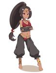  anklet arabian_clothes bare_shoulders barefoot black_hair blush breasts circlet contrapposto crossed_arms dark_skin full_body harem_outfit harem_pants jewelry original pants ponytail red_eyes sasaame simple_background small_breasts smile solo standing tiptoes white_background 