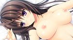  antenna_hair areolae asami_asami ashiya_suzuka bed blush breasts brown_hair close-up collarbone embarrassed female game_cg gradient gradient_background highres large_breasts long_hair looking_away nipples nude pretty_x_cation_2 purple_eyes solo sweat towel upper_body 