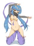  arabian_clothes arm_up bangle barefoot blue_hair bracelet breasts bridal_gauntlets dancer full_body groin harem_outfit harem_pants jewelry kneeling long_hair low_twintails navel no_panties original outstretched_arm pants sasaame small_breasts solo twintails veil very_long_hair white_background yellow_eyes 