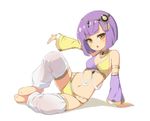  armlet bare_shoulders barefoot blush breasts circlet dancer detached_sleeves full_body gem harem_outfit harem_pants jewelry looking_at_viewer midriff mismatched_sleeves navel open_mouth original outstretched_arm pants purple_hair purple_sleeves sasaame short_hair simple_background small_breasts solo white_background white_legwear yellow_eyes yellow_sleeves 