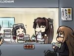  &gt;_&lt; 3girls aoba_(kantai_collection) closed_eyes cup dishes drinking_glass eating enemy_aircraft_(kantai_collection) flying_sweatdrops food glasses hamu_koutarou kantai_collection maru-yu_(kantai_collection) mochizuki_(kantai_collection) multiple_girls napkin sweat translated wavy_mouth wine_glass yamato_(kantai_collection) 