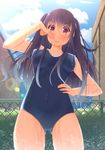  black_hair blush breasts chain-link_fence competition_school_swimsuit fence highres long_hair medium_breasts one-piece_swimsuit original red_eyes school_swimsuit smile solo standing swimsuit symfo twintails wet 