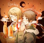 axis_powers_hetalia bag blonde_hair blush bread breath brown_hair bulgaria_(hetalia) bulgarian character_name closed_eyes cyrillic fang food green_eyes groceries grocery_bag male_focus multiple_boys open_mouth romania_(hetalia) romanian scarf shopping_bag smile 