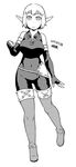  armlet bare_shoulders breasts covered_navel cra dated elbow_gloves evangelyne fingerless_gloves freckles gloves greyscale hips looking_at_viewer medium_breasts monochrome pointy_ears short_hair simple_background smile solo thighhighs tsukudani_(coke-buta) wakfu white_background 