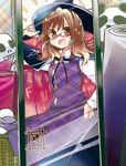  bow brown_eyes brown_hair cape clothes_writing female_pov glasses hand_on_hip hat hat_bow hat_ribbon long_sleeves low_twintails mirror open_mouth panda plaid pov red-framed_eyewear ribbon school_uniform shirt short_hair skirt smile solo sparkle suzune_yuuji touhou twintails usami_sumireko 