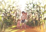  1girl age_difference androgynous blush carrying child closed_eyes commentary_request corn corn_field hat height_difference holding_hands open_mouth original outdoors piggyback pon_(cielo) sandals short_hair siblings standing 