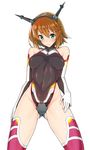  alternate_costume arms_at_sides ass_visible_through_thighs bare_shoulders blush bob_cut breasts brown_hair covered_navel covered_nipples crotch_plate elbow_gloves embarrassed from_below gloves green_eyes groin hair_between_eyes halterneck hand_on_hip headgear highleg highleg_leotard highres kantai_collection leotard looking_at_viewer medium_breasts mutsu_(kantai_collection) neon_trim red_legwear shirousagi_uyu short_hair simple_background skin_tight solo taimanin_(series) taimanin_suit thighhighs thighs white_background 