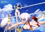  absurdres ball barefoot beach_volleyball bikini bikini_skirt breasts cleavage cloud day frilled_bikini frills front-tie_top highres jumping kazanari_tsubasa large_breasts long_hair medium_breasts motion_blur multiple_girls navel official_art open_mouth sai_fumihide senki_zesshou_symphogear side-tie_bikini sky swimsuit tachibana_hibiki_(symphogear) volleyball volleyball_net yukine_chris 