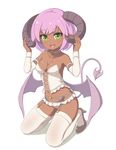  :d bat_wings blush breasts choker cleavage dark_skin demon_girl demon_horns demon_tail demon_wings detached_sleeves full_body green_eyes high_heels horn_grab horns kneeling looking_at_viewer low_wings medium_breasts monster_girl navel open_mouth original pink_hair pointy_ears sasaame short_hair simple_background smile solo tail thighhighs white_background white_legwear wings 