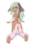  ass bare_shoulders barefoot blush breasts circlet dancer dark_skin feet full_body green_eyes green_hair harem_outfit harem_pants jewelry long_hair looking_at_viewer midriff no_panties original pants sasaame simple_background small_breasts smile soles solo toes veil white_background 