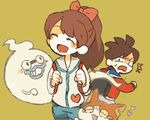  1boy 1girl amano_keita backpack bag blue_lips blush brown_hair cat closed_eyes ghost green_background grin heart high_ponytail jibanyan kodama_fumika kuri_(shibimame) long_hair notched_ear open_mouth randoseru simple_background smile sweat whisper_(youkai_watch) youkai youkai_watch 