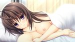  1girl absurdres antenna_hair areolae asami_asami ashiya_suzuka bed between_breasts breast_press breasts brown_hair curtains game_cg highres large_breasts long_hair lying nipples nude on_side pillow pretty_x_cation_2 purple_eyes smile solo_focus sunlight under_covers 
