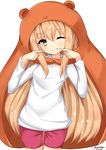  ;q absurdres artist_name blonde_hair brown_eyes commentary dated doma_umaru hamster_costume highres himouto!_umaru-chan long_hair looking_at_viewer one_eye_closed pointing pointing_at_self pose raonnoy shorts solo tongue tongue_out 