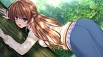  1girl against_tree asami_asami ass back backboob belt blue_eyes blush breasts brown_hair female forest game_cg hayase_chitose_(pretty_x_cation) highres large_breasts long_hair long_skirt long_sleeves looking_back nature open_mouth pretty_x_cation_2 skirt solo standing sweatdrop sweater tree 