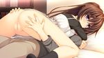  1girl antenna_hair anus asami_asami ashiya_suzuka ass ass_grab bed blush book breast_press breasts brown_hair censored embarrassed from_behind game_cg highres large_breasts legs long_hair looking_back lying lying_on_person mosaic_censoring no_panties on_stomach pillow ponytail pretty_x_cation_2 purple_eyes pussy socks thighs 