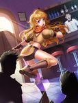  1girl bar_stool belt_boots bike_shorts blonde_hair boots bottle brown_footwear crying highres kicking knee_boots multiple_boys purple_eyes rwby solo_focus standing standing_on_one_leg stool yang_xiao_long 