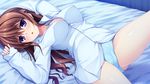  1girl arms_up asami_asami bed blue_eyes blue_panties blush breasts brown_hair cameltoe cleavage female game_cg hayase_chitose_(pretty_x_cation) highres large_breasts legs long_hair looking_at_viewer lying pajamas panties pretty_x_cation_2 solo thighs underwear 