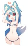  animal_ear_fluff animal_ears armpits bikini blue_hair breasts cleavage cowboy_shot cropped_legs hands_on_own_head hips mamuru navel open_mouth original red_eyes simple_background sketch small_breasts solo string_bikini striped striped_bikini swimsuit tail tears white_background 