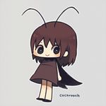  :&gt; antennae ayu_(mog) bad_id bad_pixiv_id bangs black_eyes blush brown_hair bug cockroach english full_body grey_background insect lowres original personification simple_background solo 