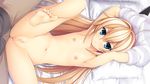  1girl areolae armpits arms_up asami_asami ass barefoot bed blonde_hair blue_eyes blush breasts censored clothed_male_nude_female feet flat_chest game_cg highres kurashiki_azusa legs long_hair lying mosaic_censoring navel nipples nude pillow pretty_x_cation_2 pussy small_breasts solo_focus spread_legs sweat thighs toes 