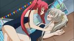  2girls ahoge between_legs blush breast_grab casual_one-piece_swimsuit grabbing gray_hair haiyore!_nyaruko-san haiyore!_nyaruko_san huge_ahoge lying multiple_girls on_back one-piece_swimsuit ponytail red_hair silver_hair swimsuit twintails yuri 