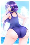  artist_request ass bare_shoulders breasts erect_nipples female from_behind gradient gradient_background green_eyes huge_ass large_breasts leaning leaning_forward long_hair looking_at_viewer looking_back love_live!_school_idol_project low_twintails one-piece_swimsuit one_piece_swimsuit origami_(bupibupi) purple_hair scrunchie shiny shiny_clothes shiny_skin sideboob solo swimsuit tongue tongue_out toujou_nozomi twintails 