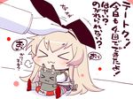  &gt;_&lt; :3 admiral_(kantai_collection) anchor_hair_ornament blonde_hair chibi closed_eyes hair_ornament hair_ribbon innertube kantai_collection long_hair petting rensouhou-chan ribbon sako_(bosscoffee) shimakaze_(kantai_collection) sitting skirt solo_focus translation_request x3 