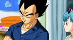  1boy 1girl 2015 animated animated_gif aqua_hair black_eyes black_hair blue_eyes blue_hair blue_shirt bulma couple dragon_ball dragon_ball_super eye_contact frown holding looking_at_another necklace shirt smile sunglasses vegeta 