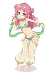  arabian_clothes bare_shoulders barefoot blush breasts dancer double_bun forehead_jewel full_body harem_outfit harem_pants jewelry long_hair looking_at_viewer midriff navel open_mouth original pants pink_hair purple_eyes sasaame see-through simple_background small_breasts smile solo veil white_background white_legwear 