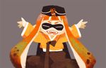  :d anpolly arms_up closed_eyes domino_mask fangs grey_background hanbok hat inkling korean_clothes long_hair long_sleeves mask open_mouth orange_eyes orange_hair pointy_ears simple_background smile solo splatoon_(series) splatoon_1 tentacle_hair wide_sleeves 